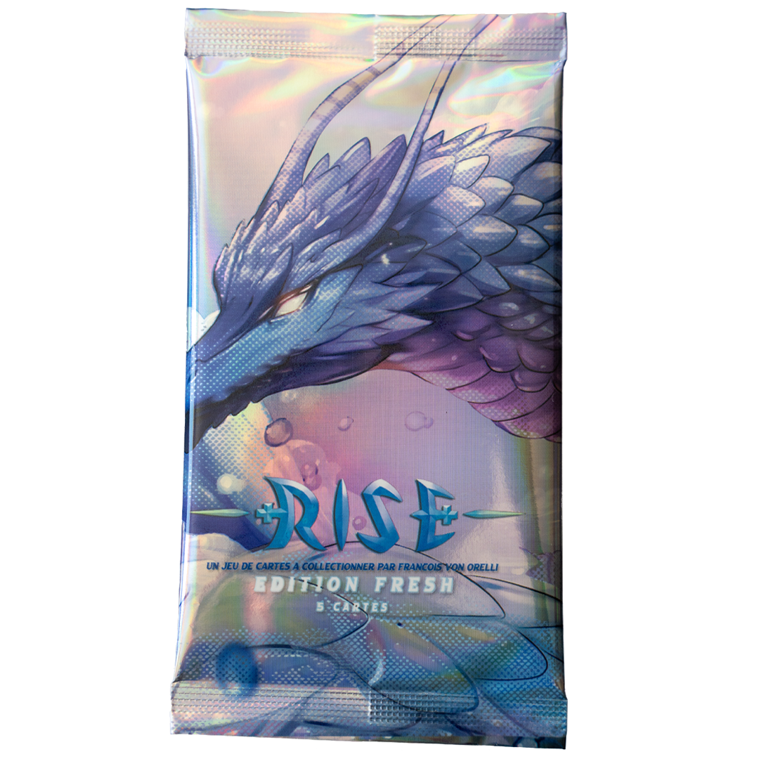 Rise TCG booster pack with Water Dragon illustration from Fresh Edition, collectible card game pack