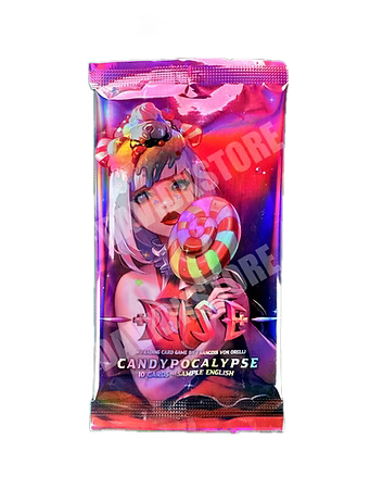 Rise TCG Candypocalypse booster pack featuring vibrant candy-themed artwork and exclusive collectible cards.