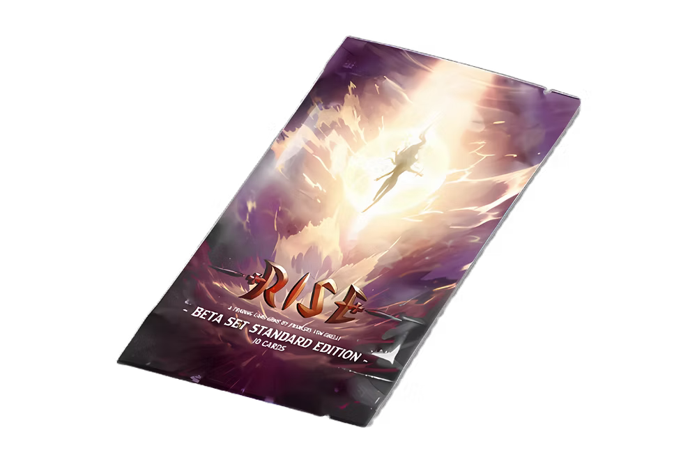 Rise TCG Booster Bêta pack with dramatic fantasy illustration and Pristine level Up Foil cards in French edition