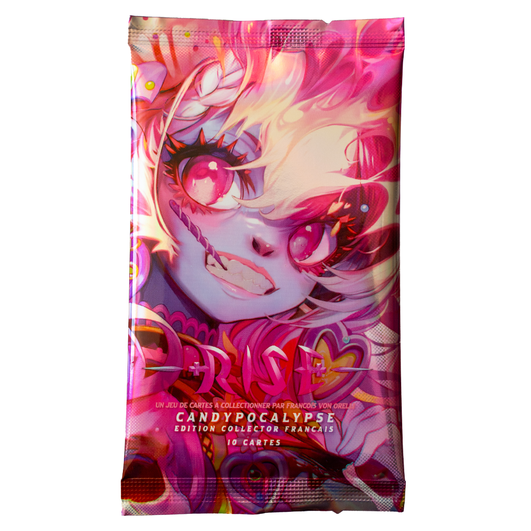 Booster collector Rise TCG édition Candypocalypse avec illustration colorée et cartes numérotées pour collectionneurs.