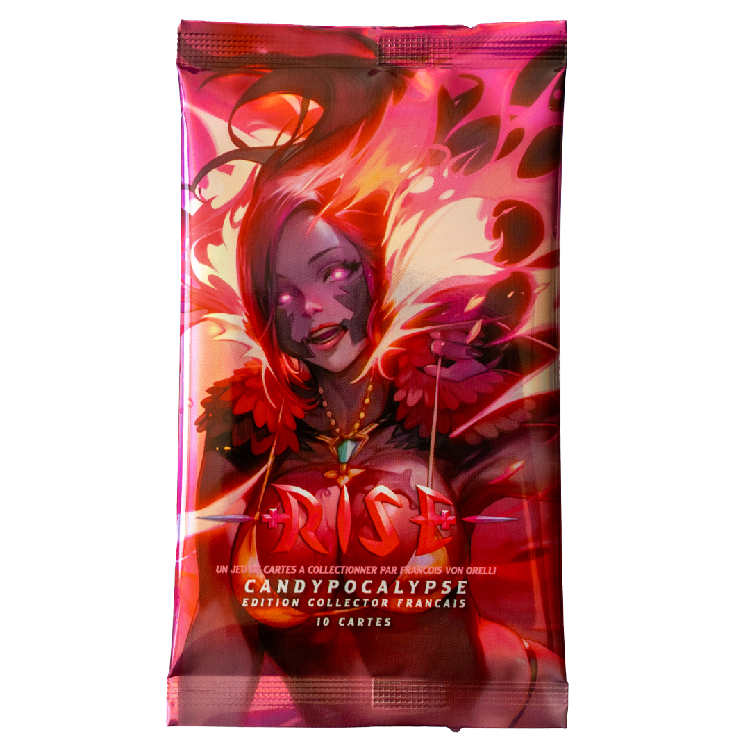 Rise TCG Candypocalypse booster pack featuring Burn the Witch illustration with vibrant, collectible artwork