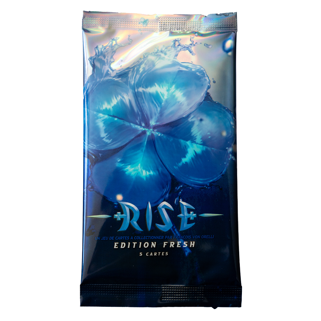 Rise TCG Fresh Edition booster pack featuring water clover illustration and 5 collectible cards
