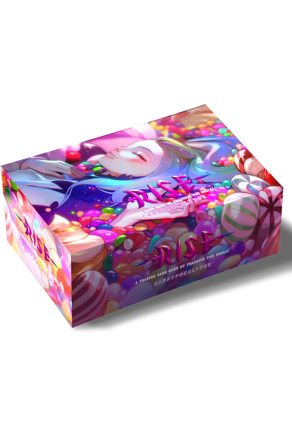 Rise TCG Candypocalypse display box featuring colorful candy-themed artwork with collectible trading cards inside.