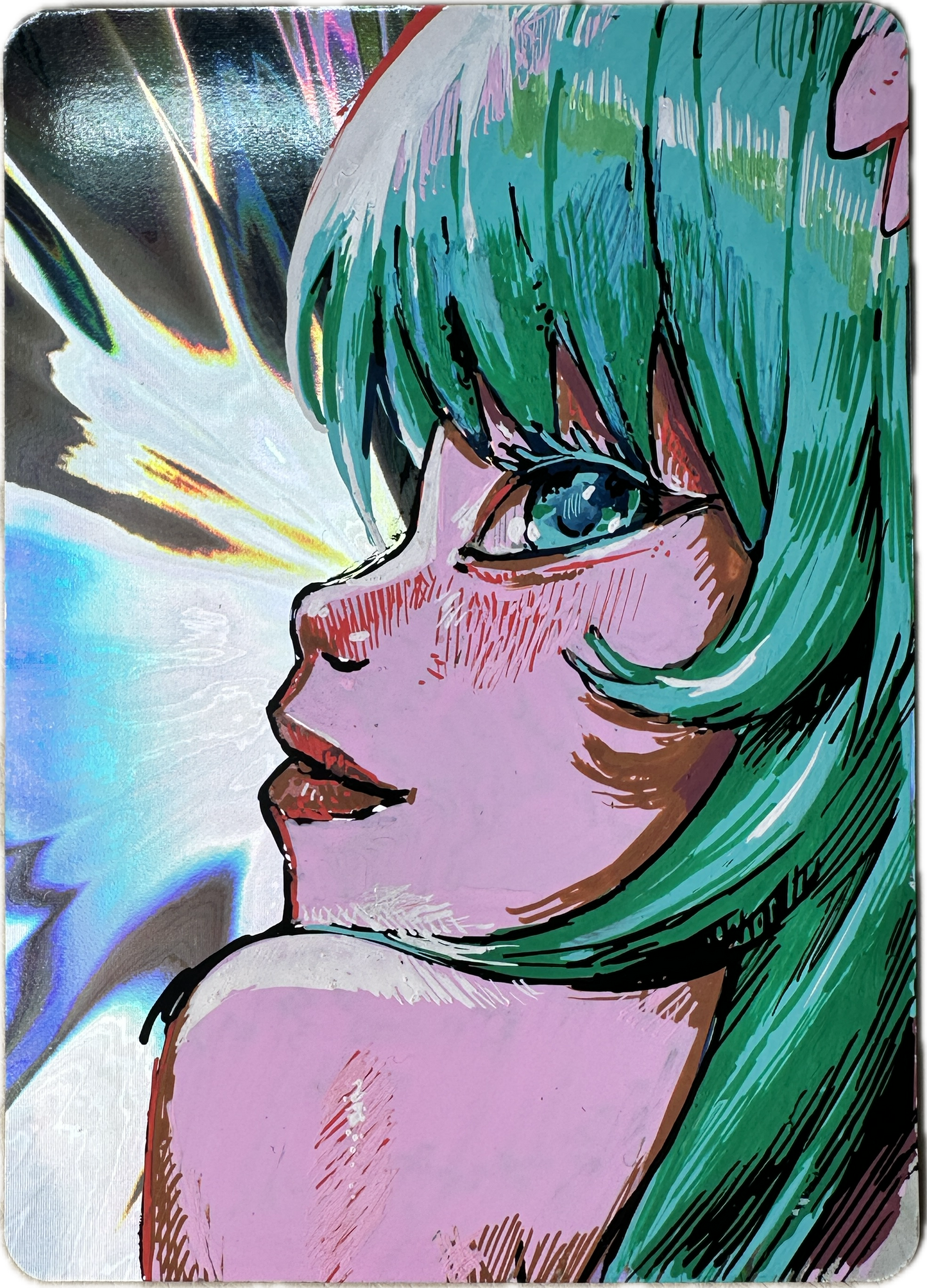 Posca Precious Pack collectible card featuring stylized art of a green-haired character with holographic background
