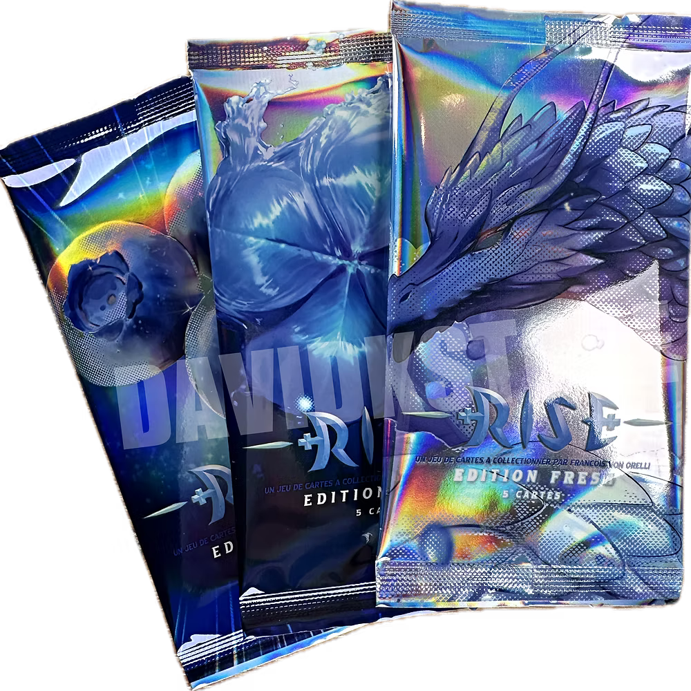 Rise TCG Fresh Edition booster packs featuring holographic water dragon artwork, set of three sealed card booster packs.