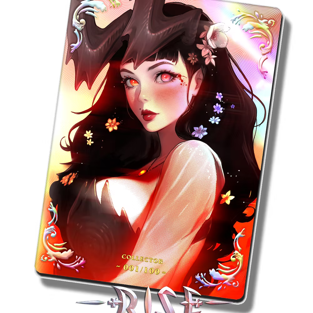 Carte promo collector holographique Rise TCG Display Prestige 2025 avec illustration féminine détaillée et effets 3D colorés