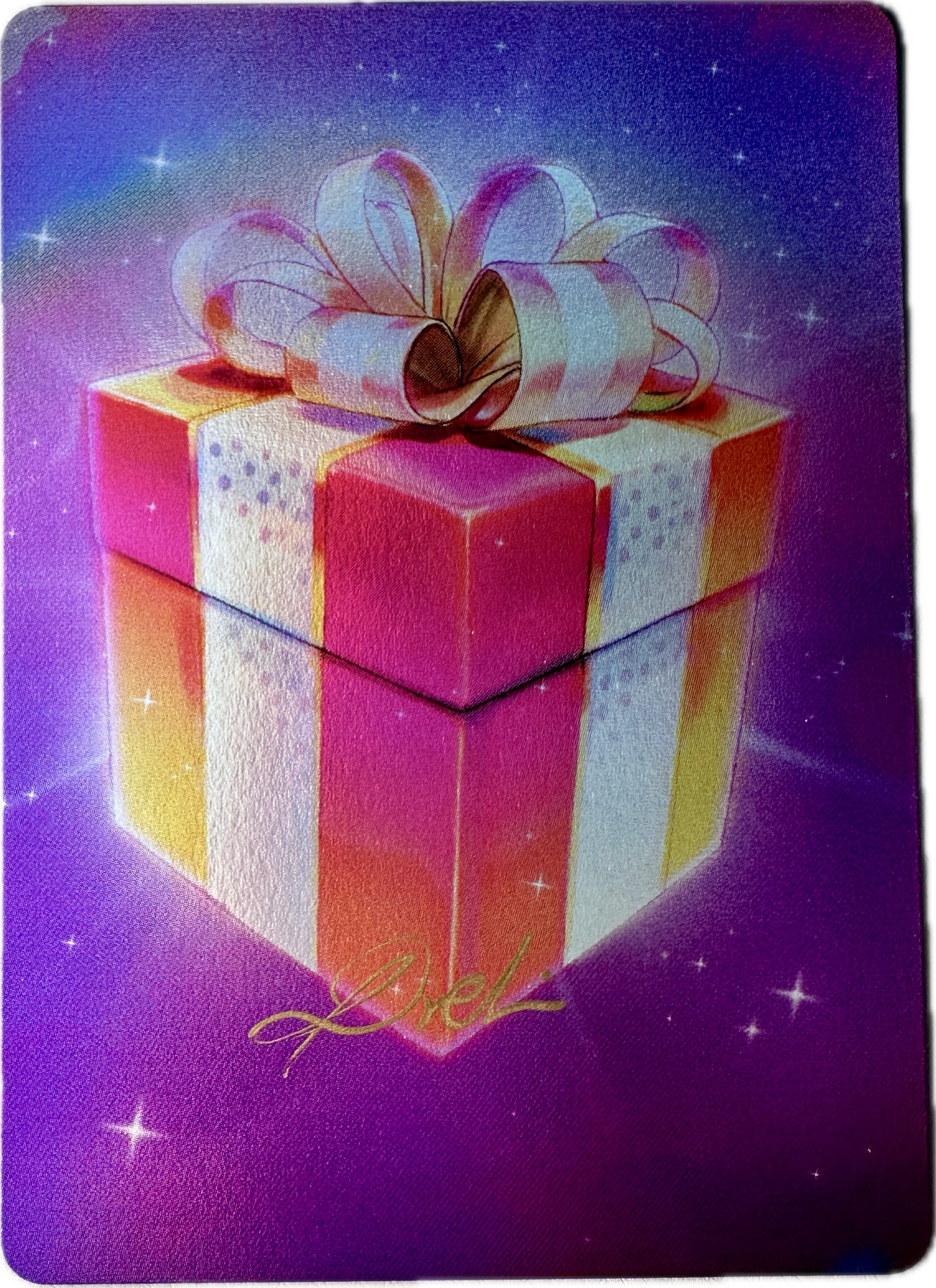 Full Art - Vault Pack collectible card featuring a rare gift box illustration with a shimmering bow on a purple background