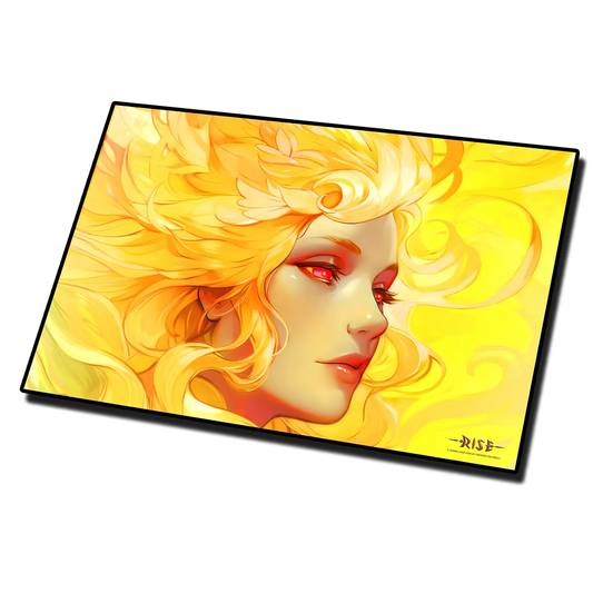 Rise TCG playmat featuring vibrant Dazzling Sunshine artwork with a stylized female face and flowing golden hair