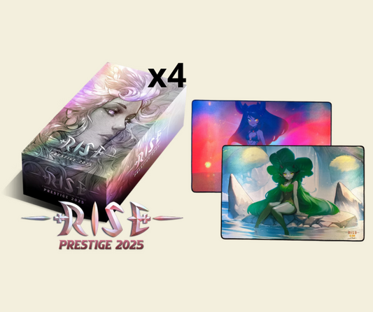 Rise TCG Prestige 2025 four display box set with two exclusive playmats included, featuring booster packs and promo cards.