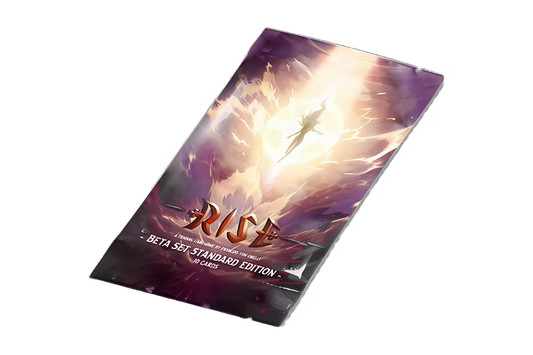Rise TCG Booster Bêta pack with dramatic fantasy illustration and Pristine level Up Foil cards in French edition