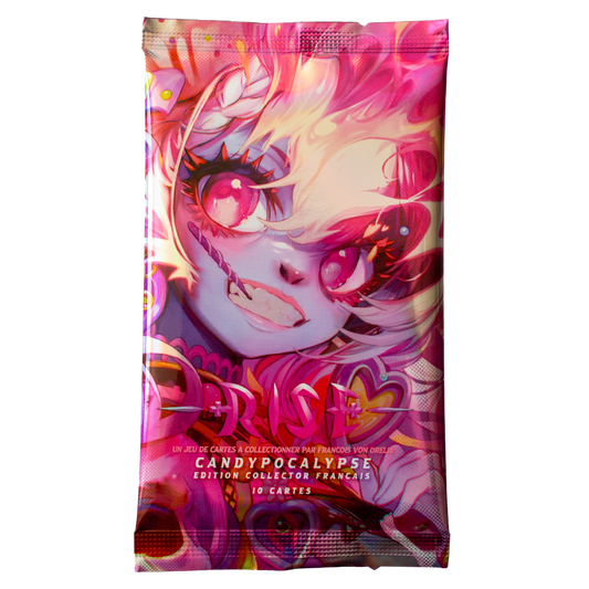 Booster collector Rise TCG édition Candypocalypse avec illustration colorée et cartes numérotées pour collectionneurs.