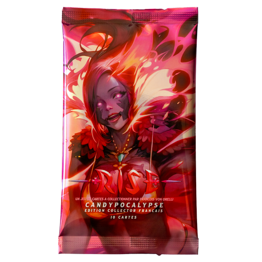 Rise TCG Candypocalypse booster pack featuring Burn the Witch illustration with vibrant, collectible artwork
