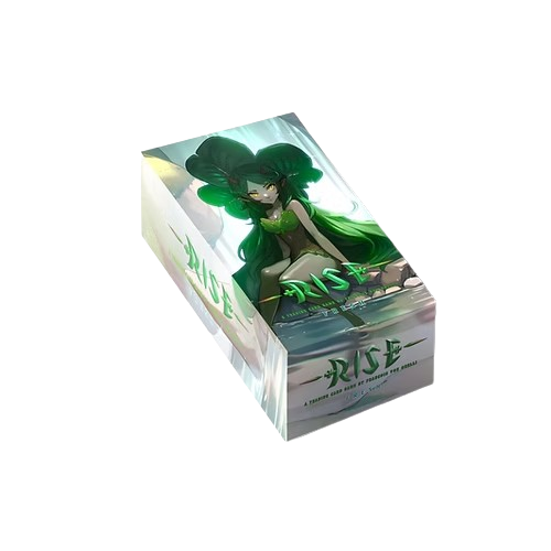Rise TCG Fresh trading card game display box featuring 20 booster packs with holographic and legendary cards.