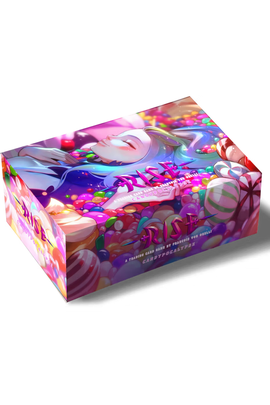 Rise TCG Candypocalypse display box featuring colorful candy-themed artwork with collectible trading cards inside.