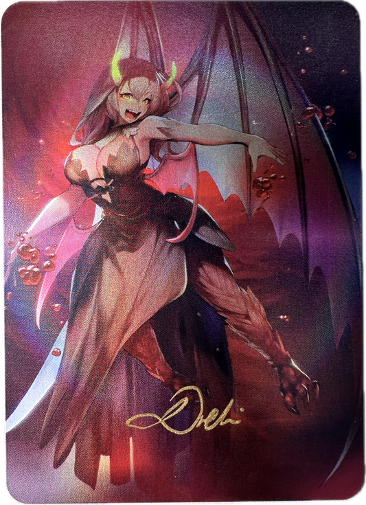 Full Art Vault Pack Alouqa collectible card featuring a demon-like character with wings and a dark dress