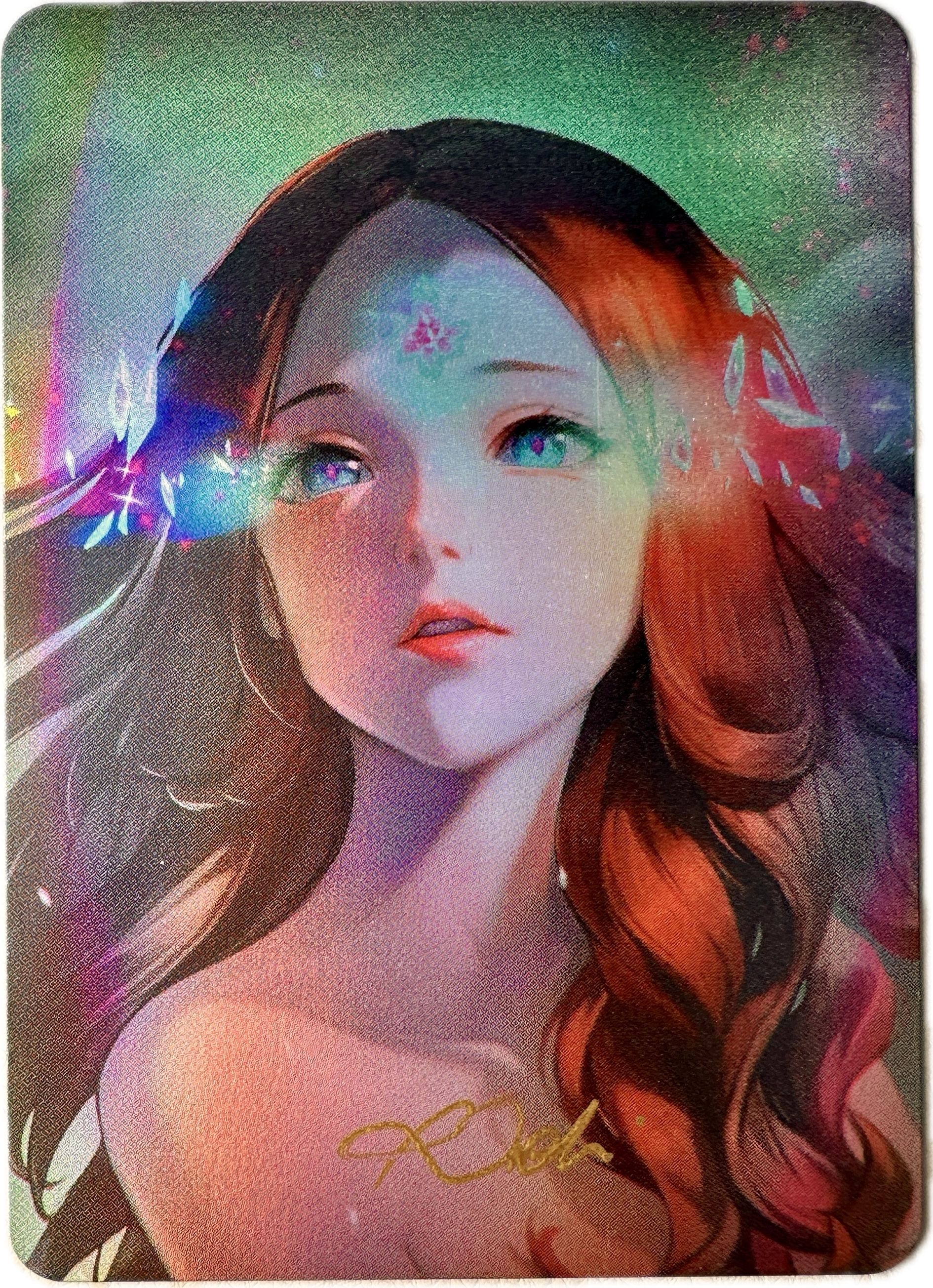Full Art rare collectible card featuring a beautifully illustrated woman with flowing red hair and ethereal glowing elements from Vault Pack Niveau Superieur limited edition.