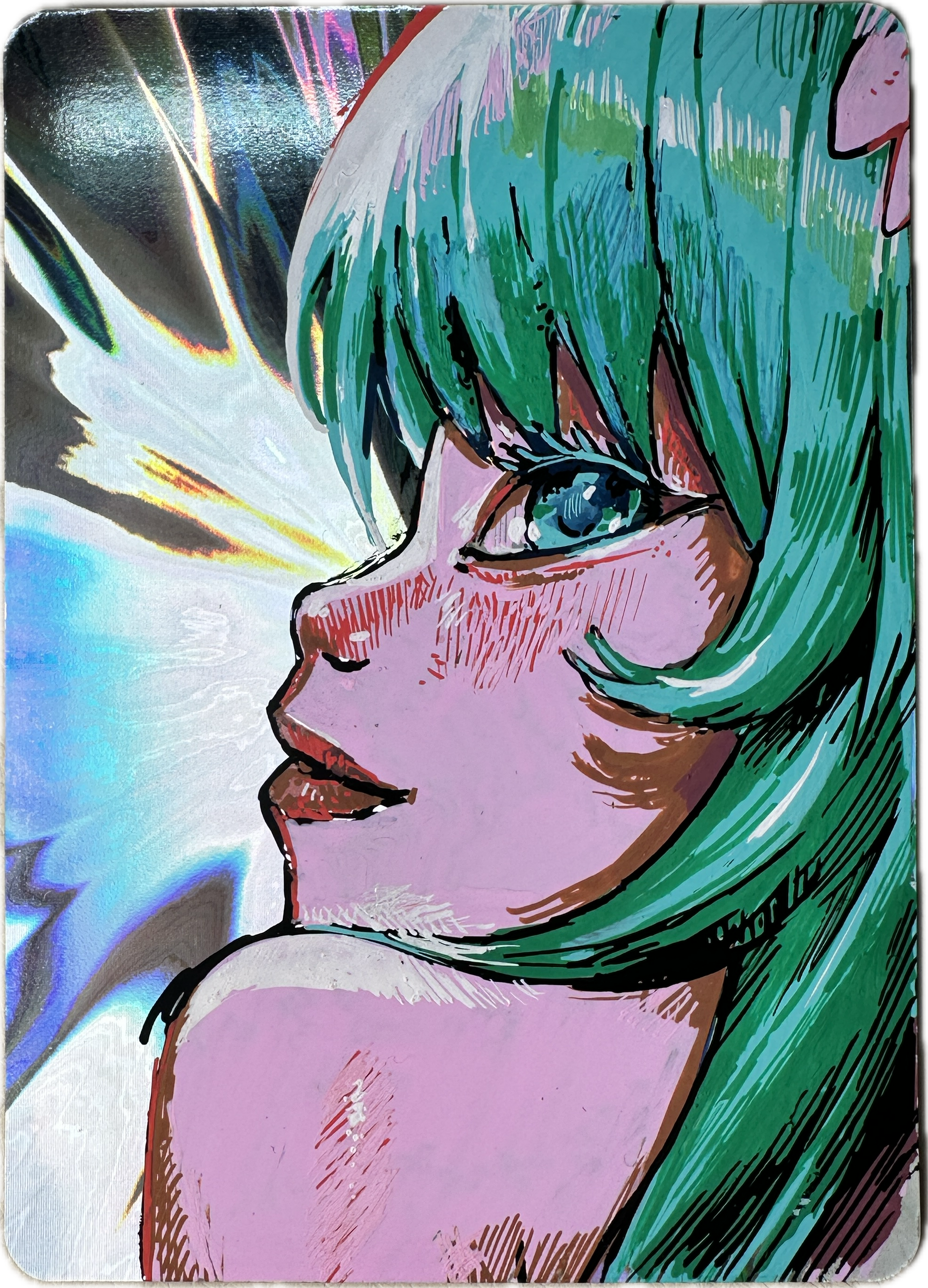 Posca Precious Pack collectible card featuring stylized art of a green-haired character with holographic background