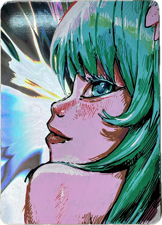 Posca Precious Pack collectible card featuring stylized art of a green-haired character with holographic background