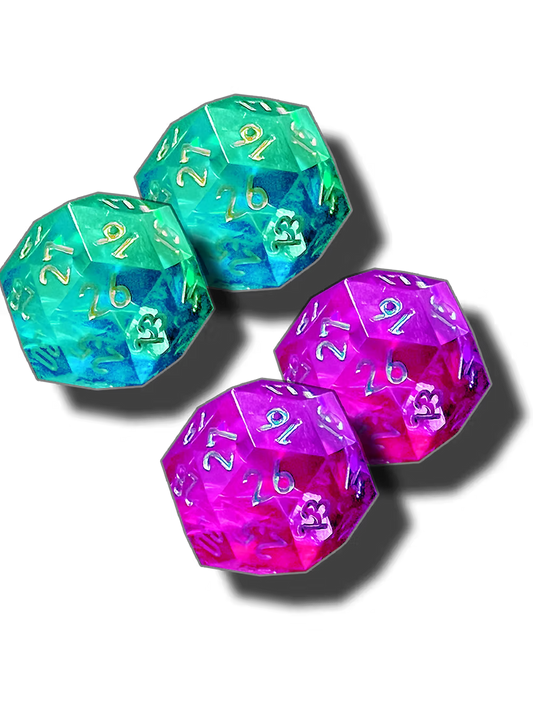 Rise TCG Candypocalypse Dice pro set with green and purple translucent twenty-sided dice for precise gameplay