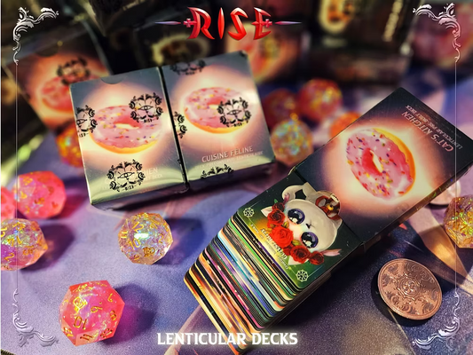 Rise TCG Cuisine Féline lenticular deck with colorful cards and dice on display