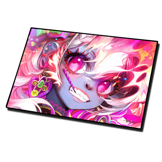 Rise TCG Candypocalypse playmat featuring vibrant anime-style character with bright pink and purple colors