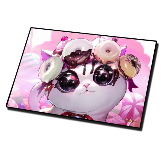 Rise TCG playmat featuring a cute cat with donuts on its head in a pink candy-themed design