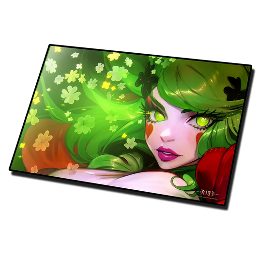 Rise TCG playmat Candypocalypse Lucky Charm with vibrant green-haired character and clover motifs