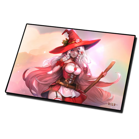 Rise TCG playmat featuring a witch in red attire with a staff in a pastel-colored fantasy setting