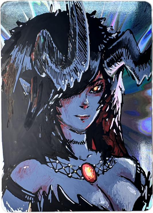 Posca Precious Pack Harnya collectible card featuring dark fantasy woman with horned headdress and glowing pendant illustration