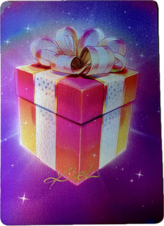 Full Art - Vault Pack collectible card featuring a rare gift box illustration with a shimmering bow on a purple background