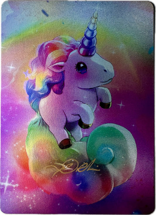 Full Art Vault Pack collectible card featuring a colorful unicorn with a rainbow mane and spiral horn on a vibrant, sparkling background