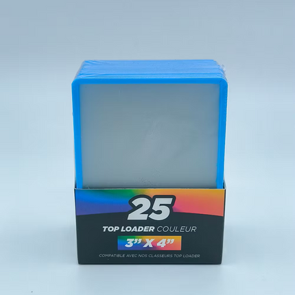 Pack of 25 blue Tyranobox Top loader card protectors with ultra-transparent design and colored edges for optimal protection.