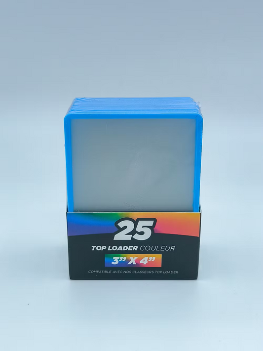 Pack of 25 blue Tyranobox Top loader card protectors with ultra-transparent design and colored edges for optimal protection.