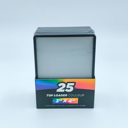 Pack of 25 Tyranobox Top loader card protectors in black with colored edges, 3" x 4.3" size