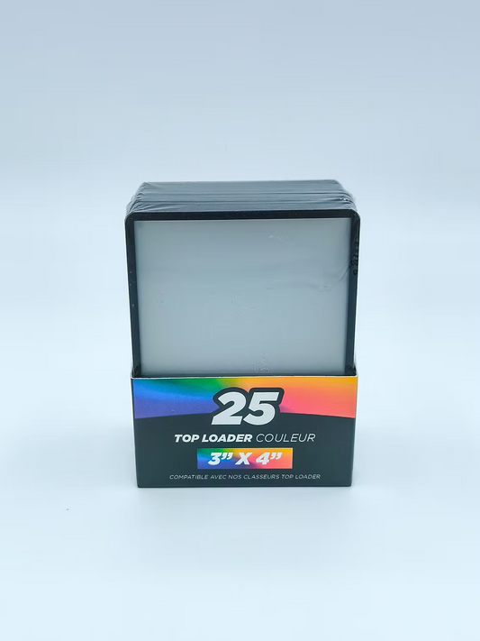 Pack of 25 Tyranobox Top loader card protectors in black with colored edges, 3" x 4.3" size