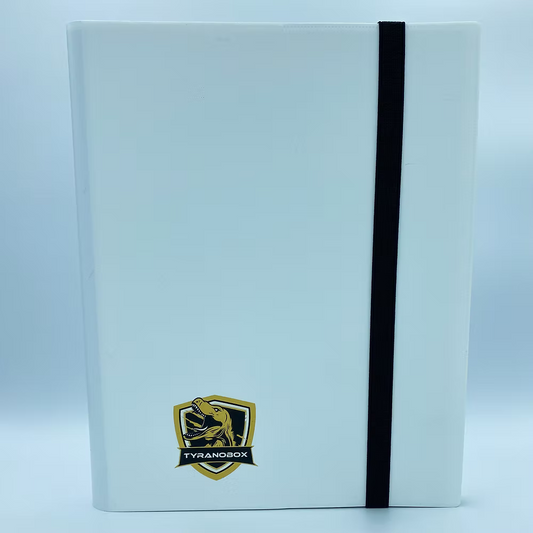 White Tyranobox Binder with elastic closure and black interior for storing 360 cards