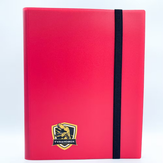 Red Tyranobox Binder souple with black elastic band and logo for 360 cards storage